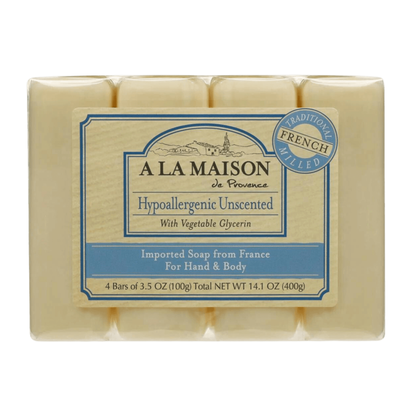 A La Maison Unscented Hypoallergenic Bar Soap 3.5 Ounce Pack of 4